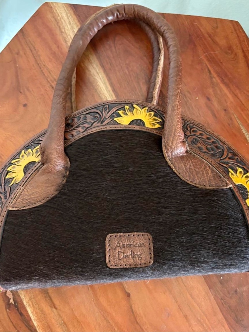 American Darling Brown Leather & Black Haircalf Sunflower Shoulder Bag